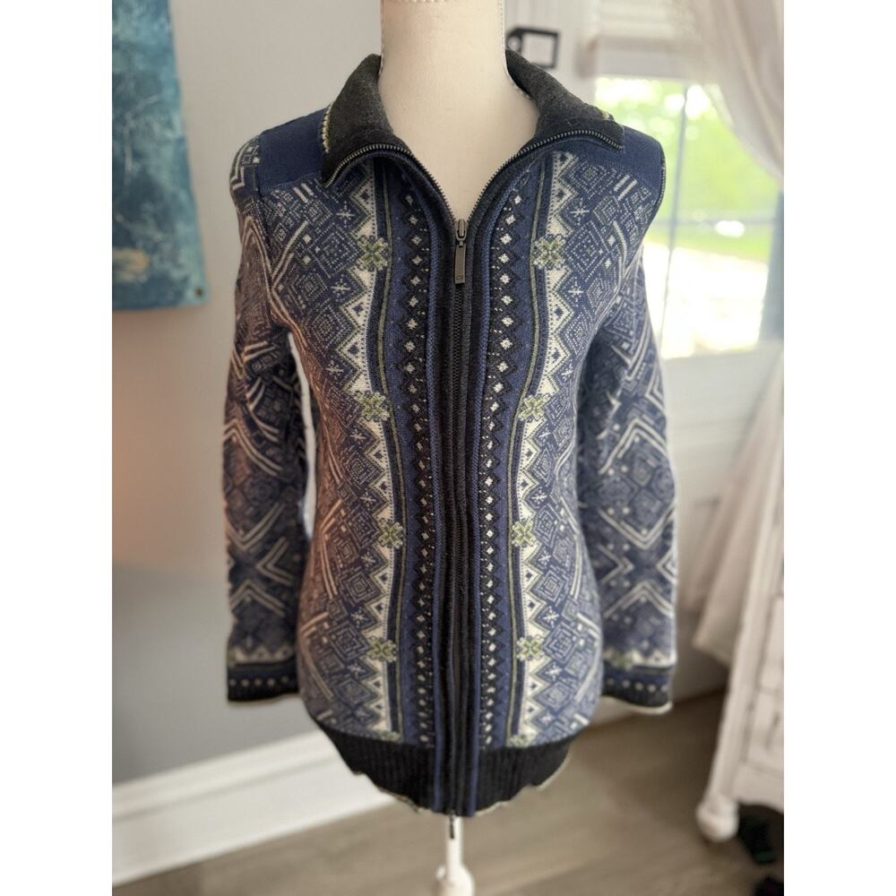 EDDIE BAUER blue gray ZIP FRONT NORDIC/FAIR ISLE MERINO WOOL SWEATER MEDIUM Tall